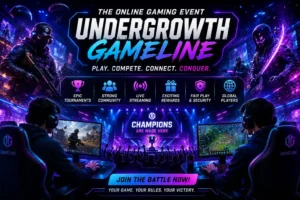 Gamers playing in the online gaming event UndergrowthGameLine futuristic esports tournament