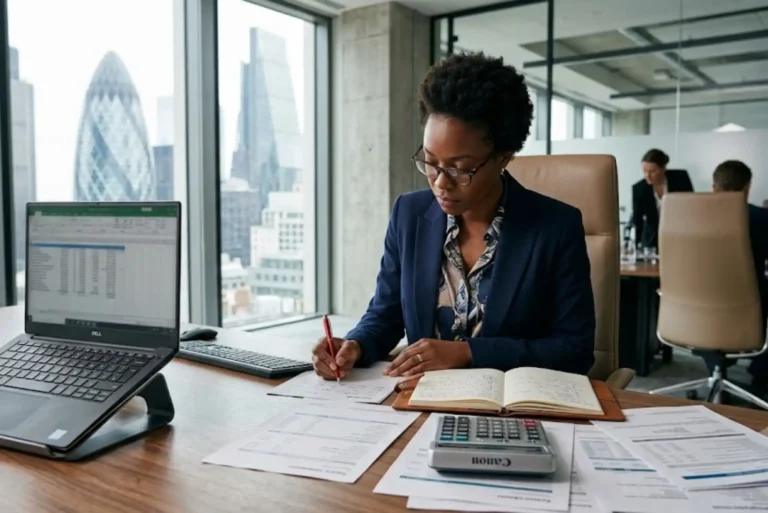 UK professional reviewing higher rate income tax calculations and financial documents
