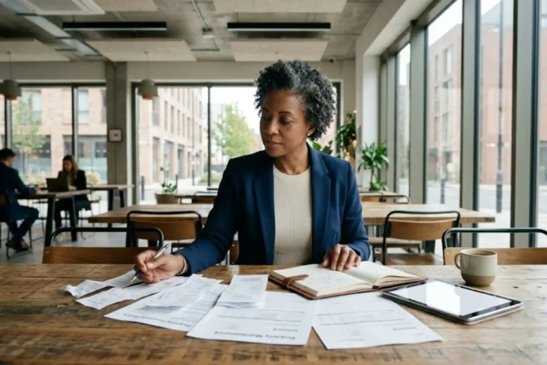 UK landlord reviewing rental property expense documents and receipts
