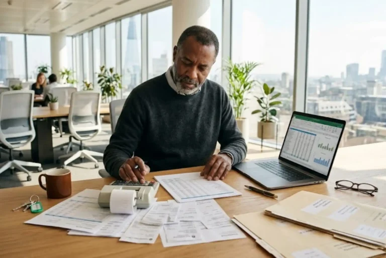 Buy to Let Expenses Calculator: How UK Landlords Can Estimate Rental Property Costs UK landlord calculating rental property expenses using financial documents and a laptop
