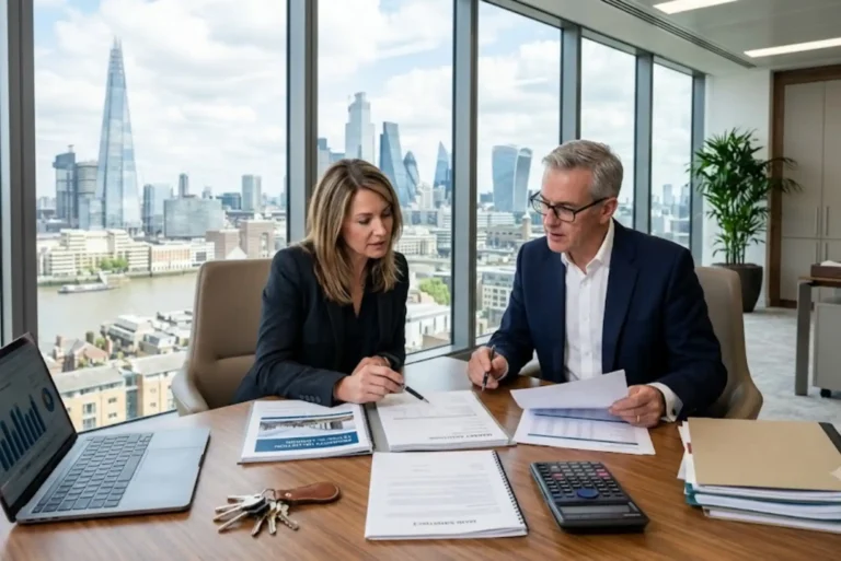 UK property investor reviewing capital gains tax calculations with a financial adviser