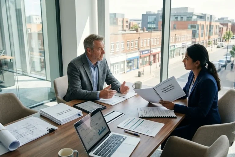 Commercial property landlord discussing insurance protection with a financial adviser in the UK.