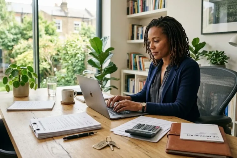 UK landlord reviewing tenancy agreement template and legal rental documents in office.