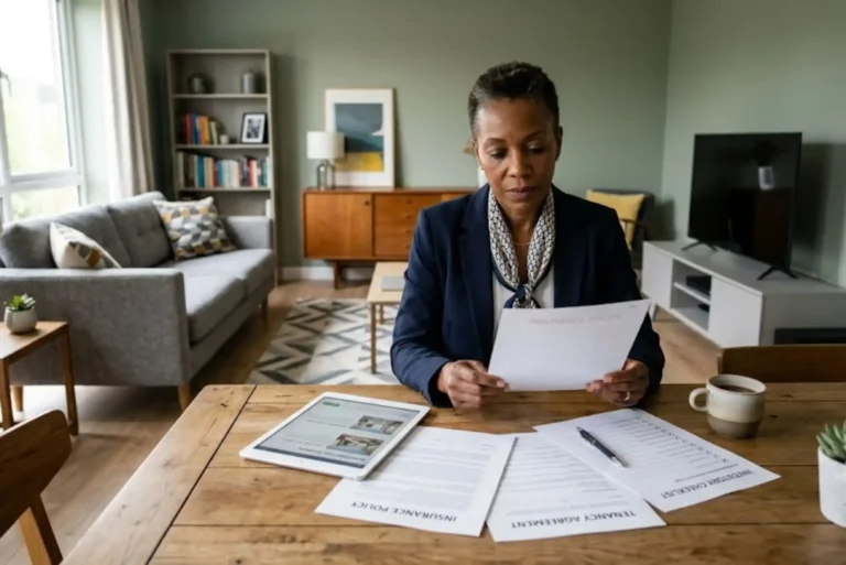 UK landlord reviewing landlord contents insurance documents inside a rental property