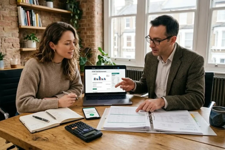 How to Pay Self Assessment Tax in the UK: HMRC Payment Methods, Deadlines and What You Need to Know UK professionals reviewing Self Assessment tax payment documents and financial records.