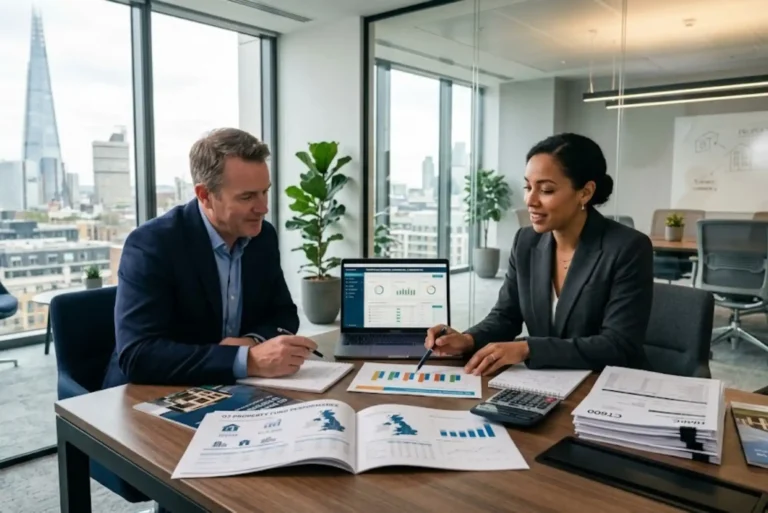 UK property investor discussing tax and financial planning with specialist accountant in office.