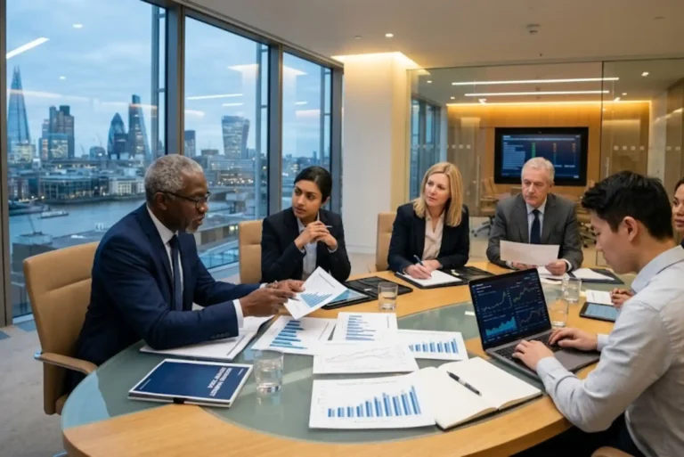 UK professionals discussing property tax policy and housing market regulations in a modern office.