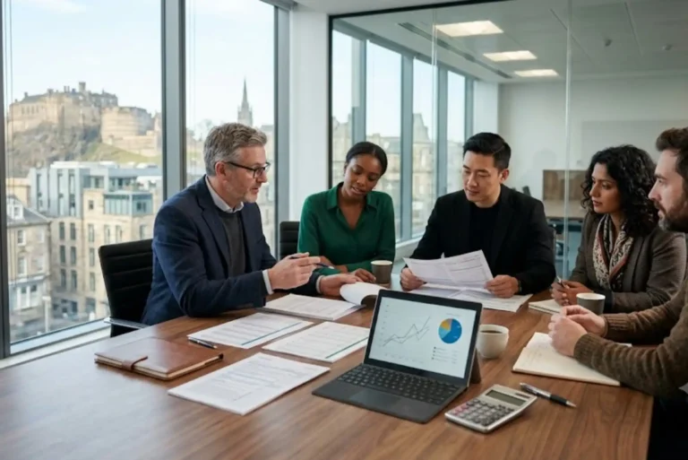 Scottish Income Tax Rates Explained: Understanding Scotland Tax Bands and Allowances Financial professionals in Scotland reviewing Scottish income tax documents and financial planning materials.