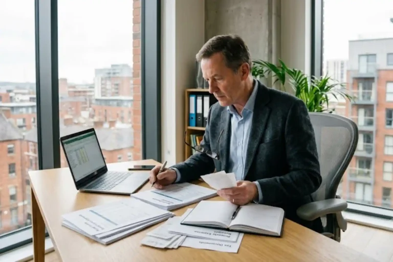 Tax on Rental Income UK: How Rental Property Income Is Taxed and What Landlords Need to Know UK landlord calculating rental income tax using financial records and documents