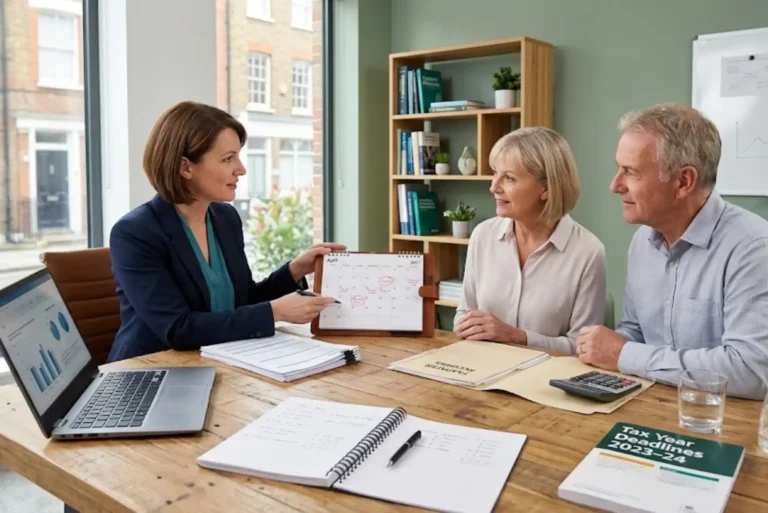 Financial adviser helping clients organise UK tax year deadlines and financial planning documents.