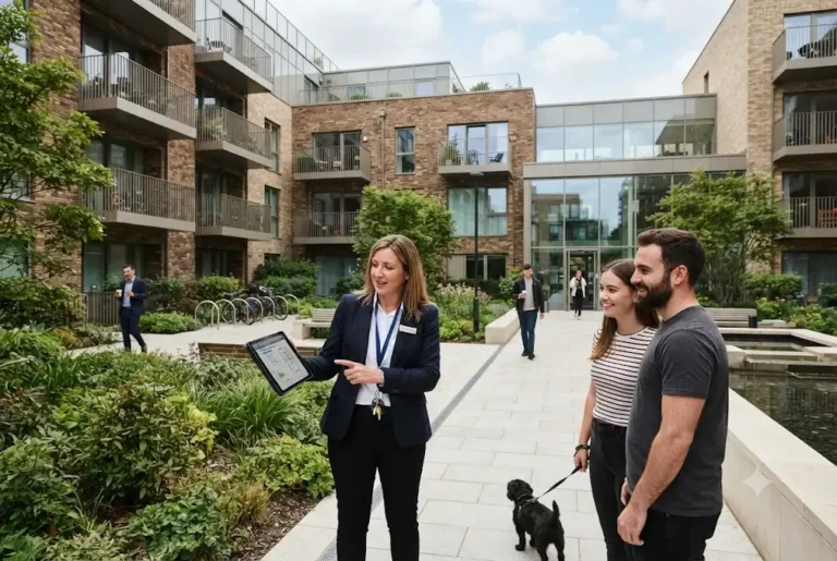 Professional building management companies London inspecting a modern residential apartment building