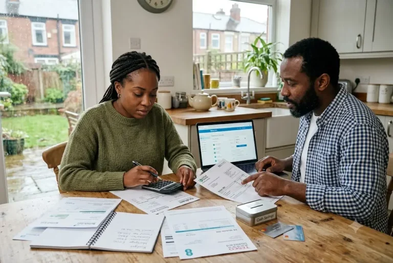 UK resident reviewing council tax bills and household budgeting documents.
