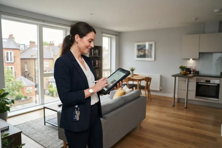 Residential property management professional inspecting a UK rental home
